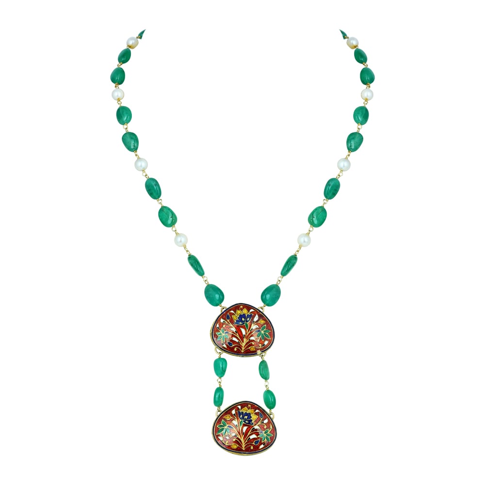 Emerald and Pearl Necklace with Dual Polki Pendants